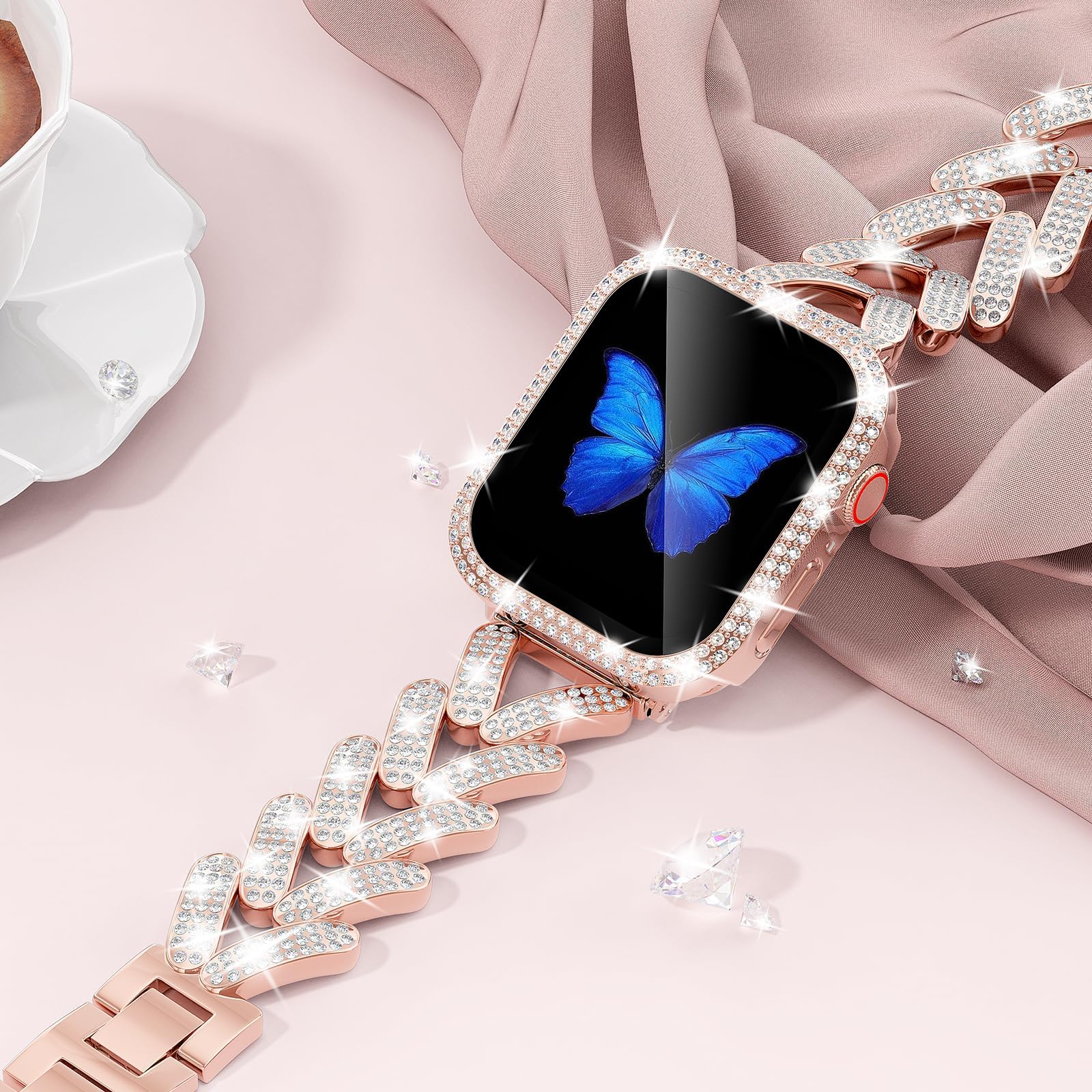 Smartwatch Slim Watches For Men - アップルウォッチ用ブリンブリンバンド、ダイヤモンドメタルブレスレット、iwatchシリーズ10、se、ultra 2、8、9、40mm、41mm、42mm、38mm、46mm用ストラップ、44mm、45mm、49mm