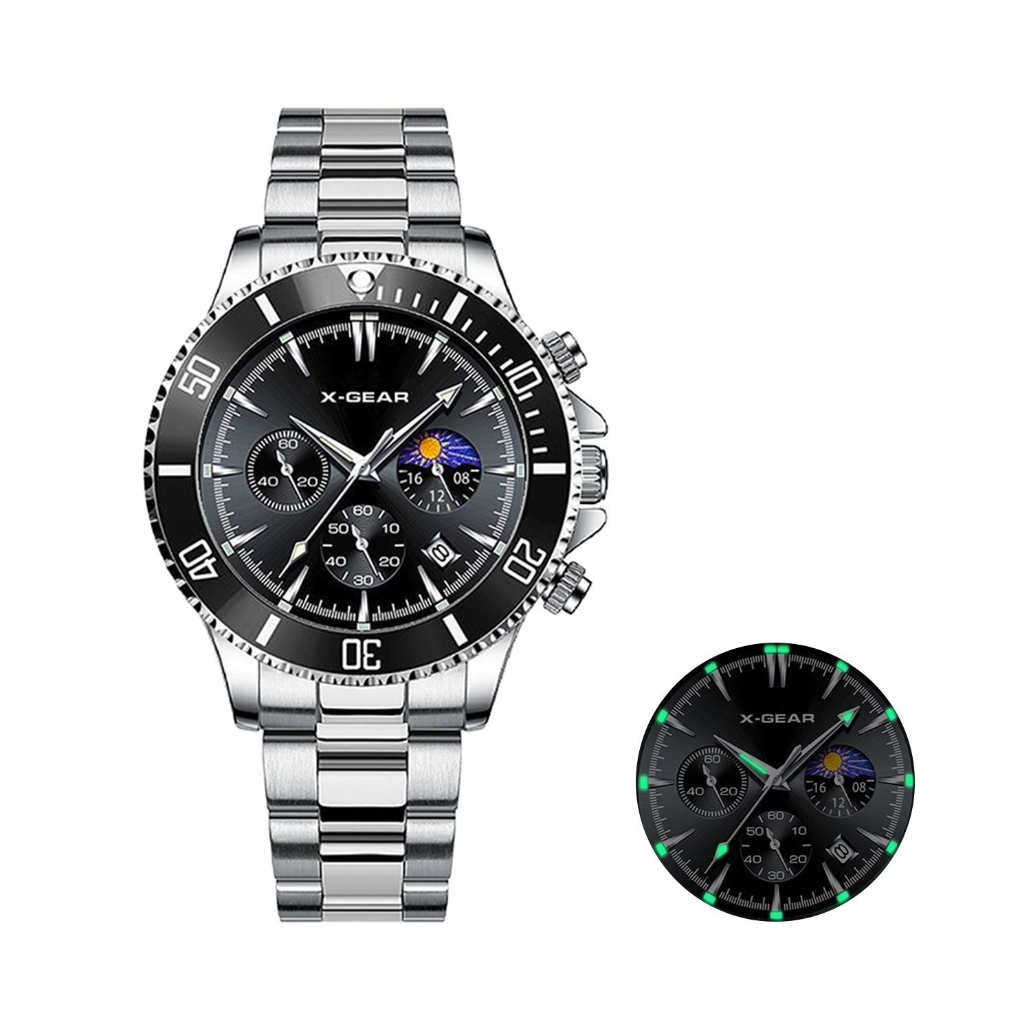 Smartwatch Luxury Watches For Men - X-GEAR ファッションカレンダーメンズクォーツ時計高級ブラックダイヤルステンレススチールストラップビジネスメンズ腕時計男性腕時計腕時計