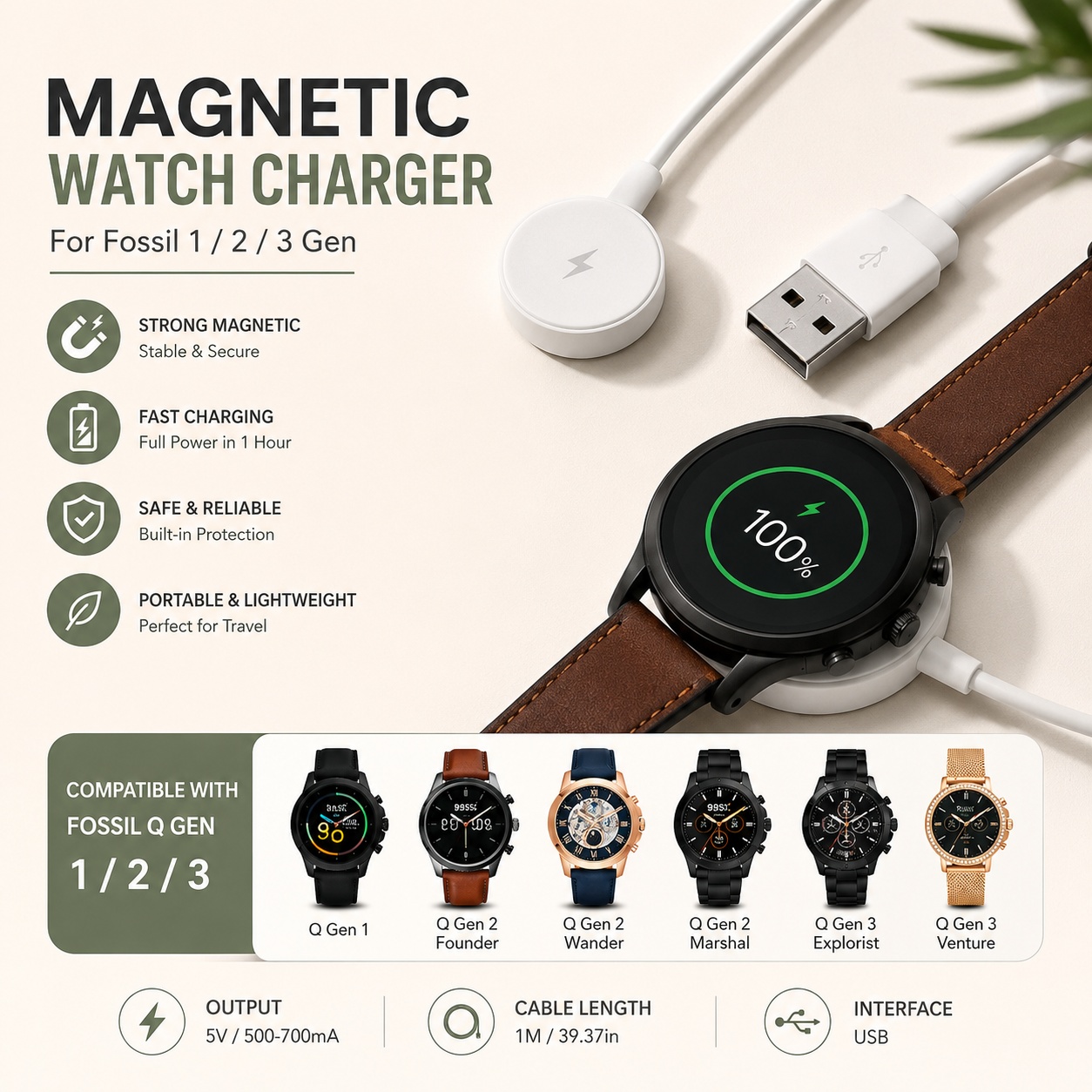 Fossil Watches Smartwatch Gen 3 - USB ウォッチ充電器アダプター スマートウォッチ充電ケーブル ドック交換用アクセサリー Fossil Gen