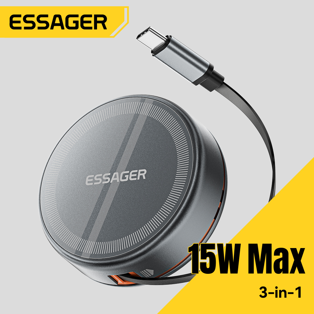 Smartwatch Watches For Iphone - Essager 15W 3in1 マグネット式ワイヤレス充電器、96cm格納式Type-Cケーブル付き、iPhone 16/15/14/13 Pro