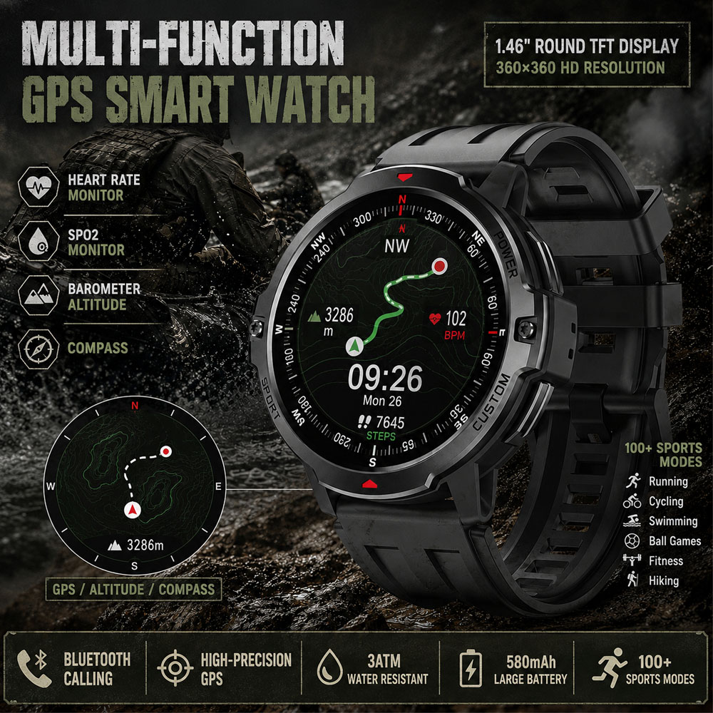 新しい 1.46 インチ軍用 GPS スマートウォッチ 3A - Smartwatch Timex Watches For Men のレビューと価格