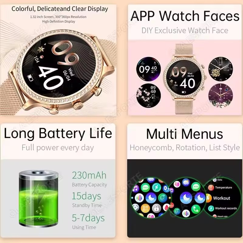 エレガントなレディーススマートウォッチ、Bluetooth通 - Smartwatch Health Watches For Women のレビューと価格
